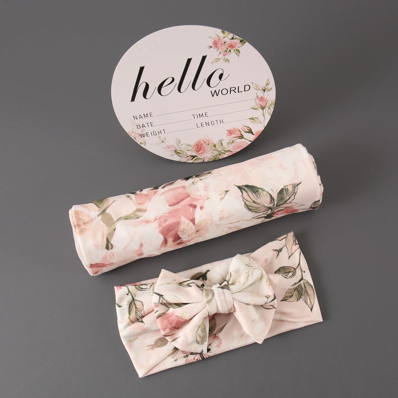 Galabloomer Newborn Receiving Blanket Headband Set Flower Print Baby Swaddle Blankets (Vintage) - Image 2